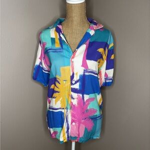 Pull&Bear Vibrant Palm Print Men's Button Down Beach 90s Shirt Size Small